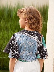 SHEIN Girls Floral Print Knot Hem Button Blouse - Multicolor - View 2