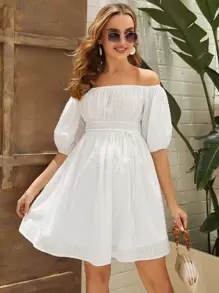 SHEIN 孕婦一字肩泡泡袖褶邊繫腰帶洋裝