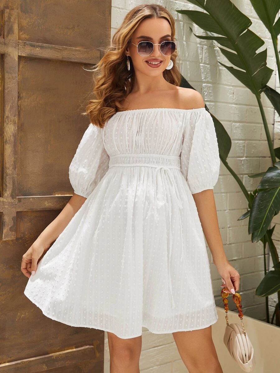 SHEIN 孕婦一字肩泡泡袖褶邊繫腰帶洋裝