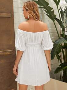 SHEIN 孕婦一字肩泡泡袖褶邊繫腰帶洋裝