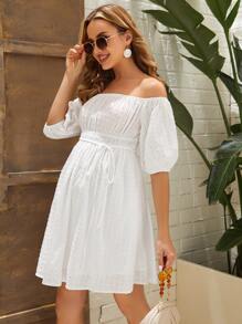 SHEIN 孕婦一字肩泡泡袖褶邊繫腰帶洋裝