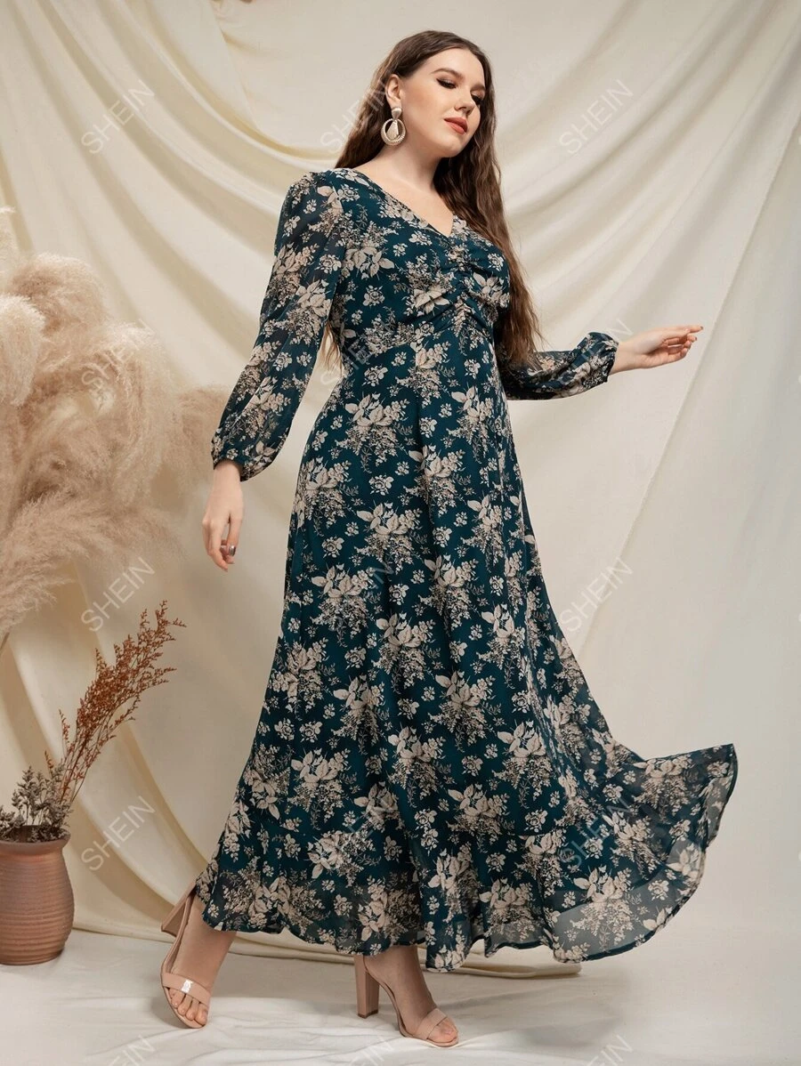 Modelyn Rochie cu mânecă lanternă cu fâncăruri cu imprimeu floral aleatoriu de mărimi plus - Verde inchis - Vizualizare 1