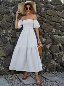 Đầm Viên lá sen Dải chun màu trơn Boho - trắng - Xem 1