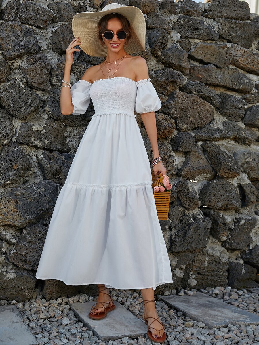 Đầm Viên lá sen Dải chun màu trơn Boho - trắng - Xem 1