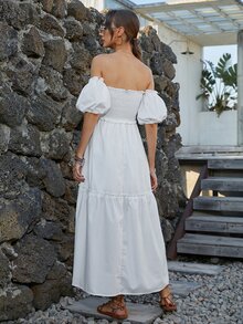 Đầm Viên lá sen Dải chun màu trơn Boho - trắng - Xem 2