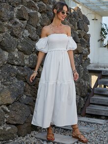 Đầm Viên lá sen Dải chun màu trơn Boho - trắng - Xem 4