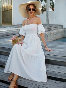 Đầm Viên lá sen Dải chun màu trơn Boho - trắng - Xem 5