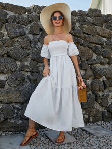 Đầm Viên lá sen Dải chun màu trơn Boho - trắng - Xem 6