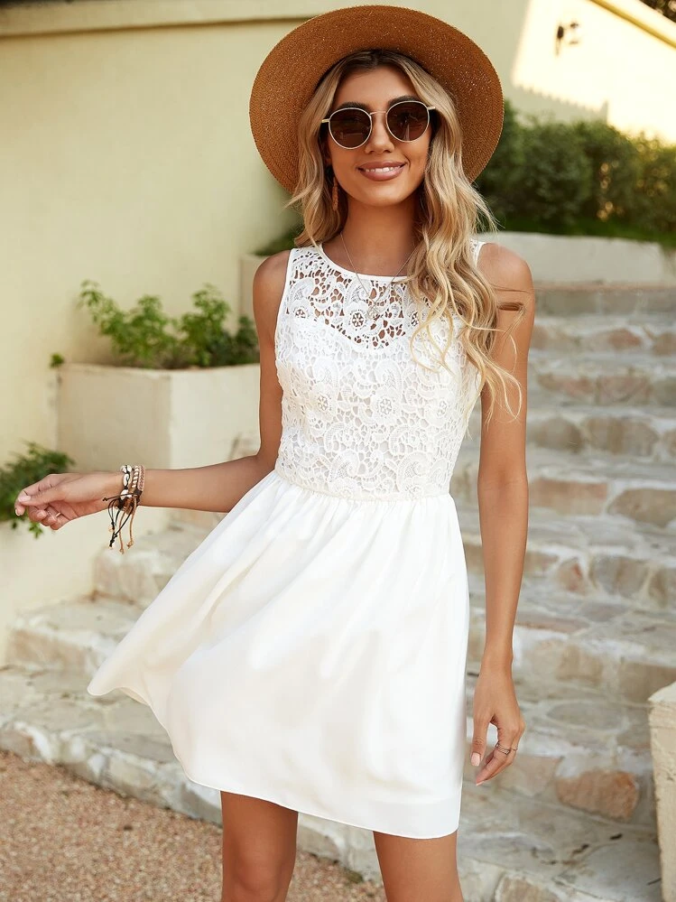 shein guipure lace dress SHEIN Guipure Lace Yoke and Sleeve Dress