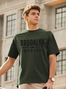 男士字母圖案T恤 - 墨綠色 - 查看 5