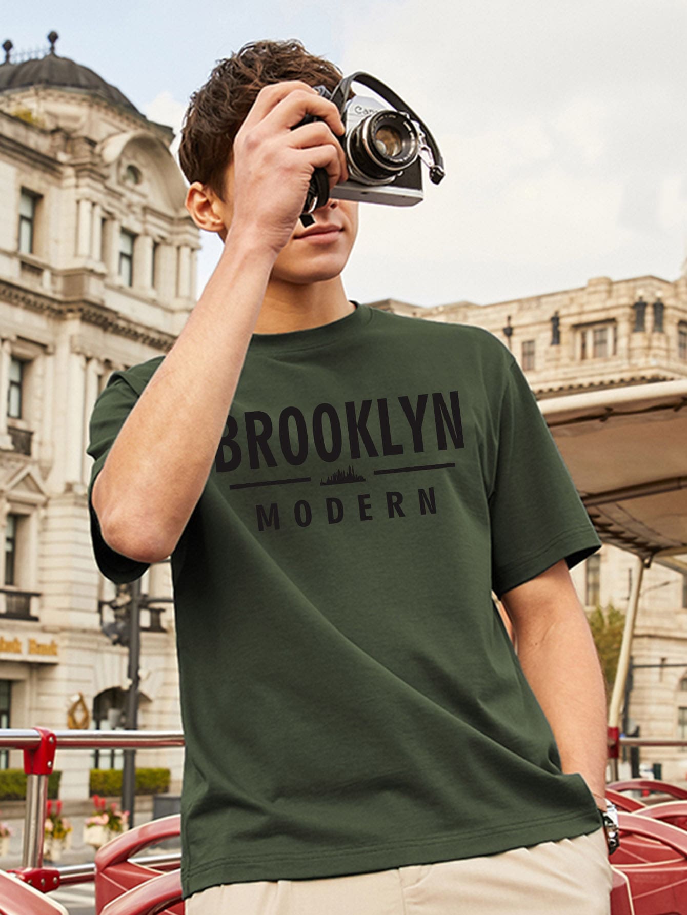 男士字母圖案T恤 - 墨綠色 - 查看 1