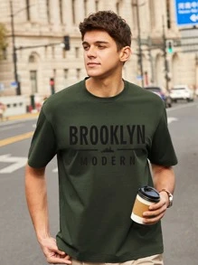 男士字母圖案T恤 - 墨綠色 - 查看 3