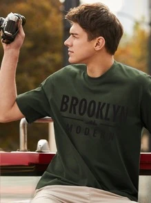 男士字母圖案T恤 - 墨綠色 - 查看 4