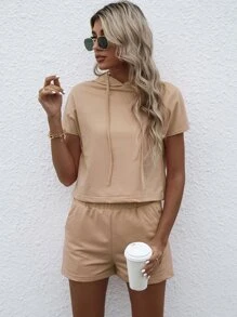 Bộ đồ hai mảnh nữ Dây kéo màu trơn Giải trí - Màu be - Xem 1