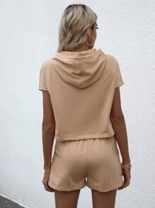 Bộ đồ hai mảnh nữ Dây kéo màu trơn Giải trí - Màu be - Xem 2