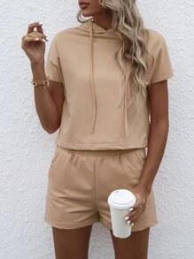 Bộ đồ hai mảnh nữ Dây kéo màu trơn Giải trí - Màu be - Xem 3