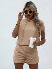 Bộ đồ hai mảnh nữ Dây kéo màu trơn Giải trí - Màu be - Xem 5