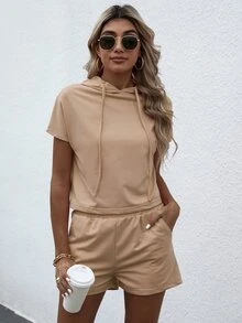 Bộ đồ hai mảnh nữ Dây kéo màu trơn Giải trí - Màu be - Xem 7