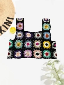 Bikinx Hand-Knitted Random Flower Design Shawl Collar Short Top Summer - Black - View 3