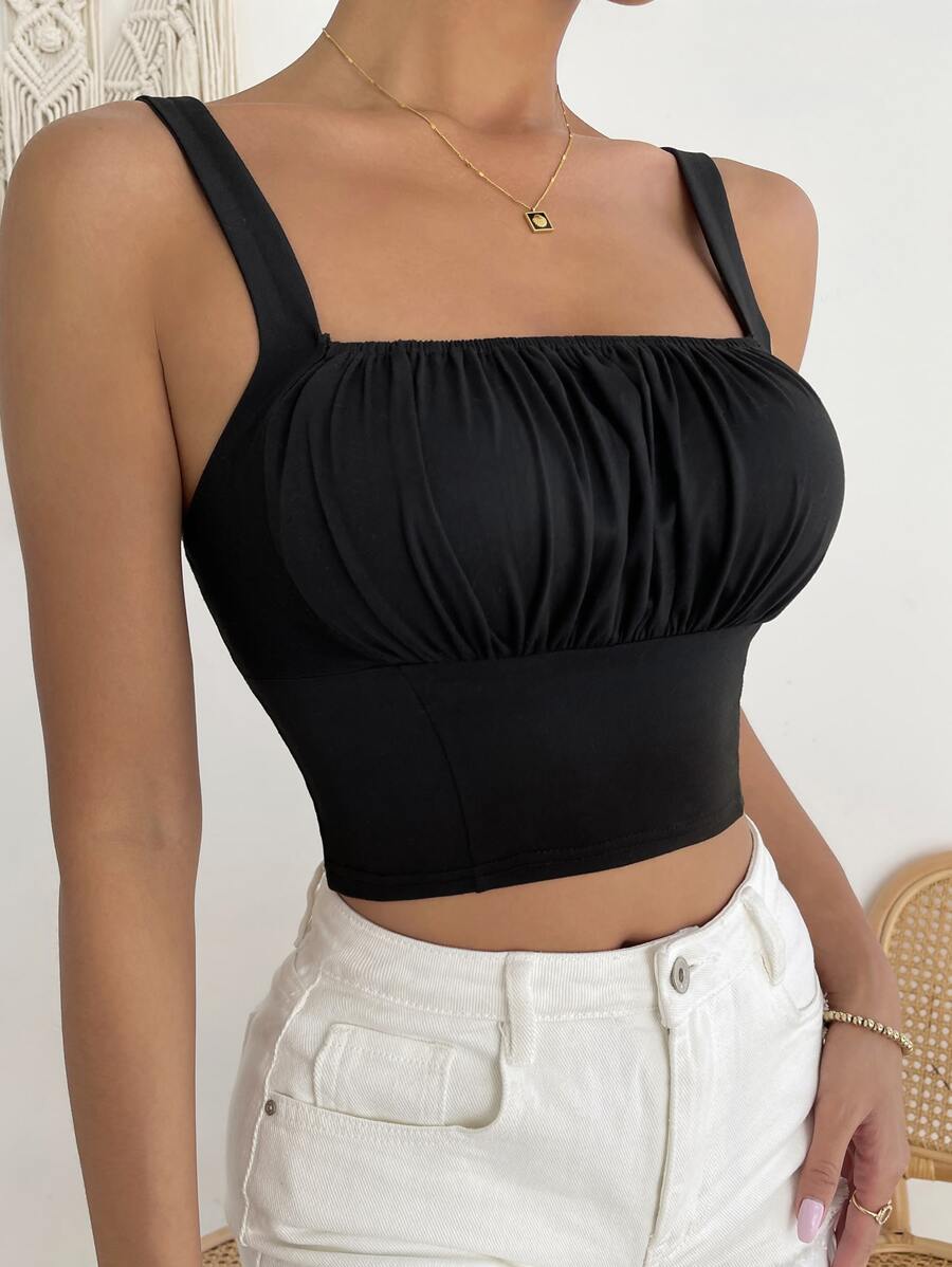 Chiquease Solid Ruched Bust Crop Cami Top - Black - View 1