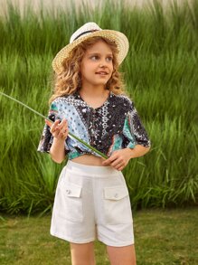 SHEIN 女孩素色翻蓋口袋短褲