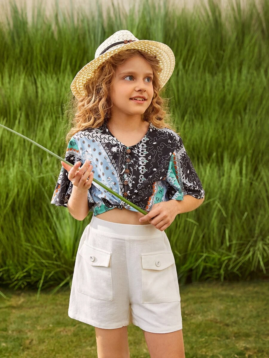 SHEIN 女孩素色翻蓋口袋短褲