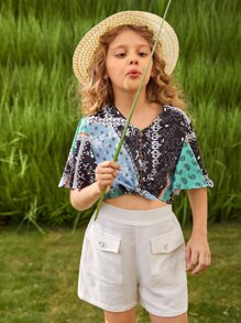 SHEIN 女孩素色翻蓋口袋短褲