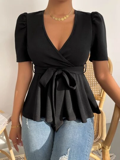 EMERY ROSE Puff Sleeve Surplice Neck Belted Peplum Tee