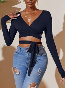 SHEIN VaVaLuxe Solid Criss Cross Tie Waist Top - Navy Blue - View 1