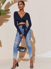 SHEIN VaVaLuxe Solid Criss Cross Tie Waist Top - Navy Blue - View 3