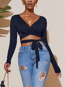 SHEIN VaVaLuxe Solid Criss Cross Tie Waist Top - Navy Blue - View 6