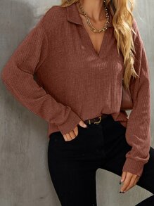 SHEIN LUNE Drop Shoulder Rib-knit Tee - Rust Brown - View 1