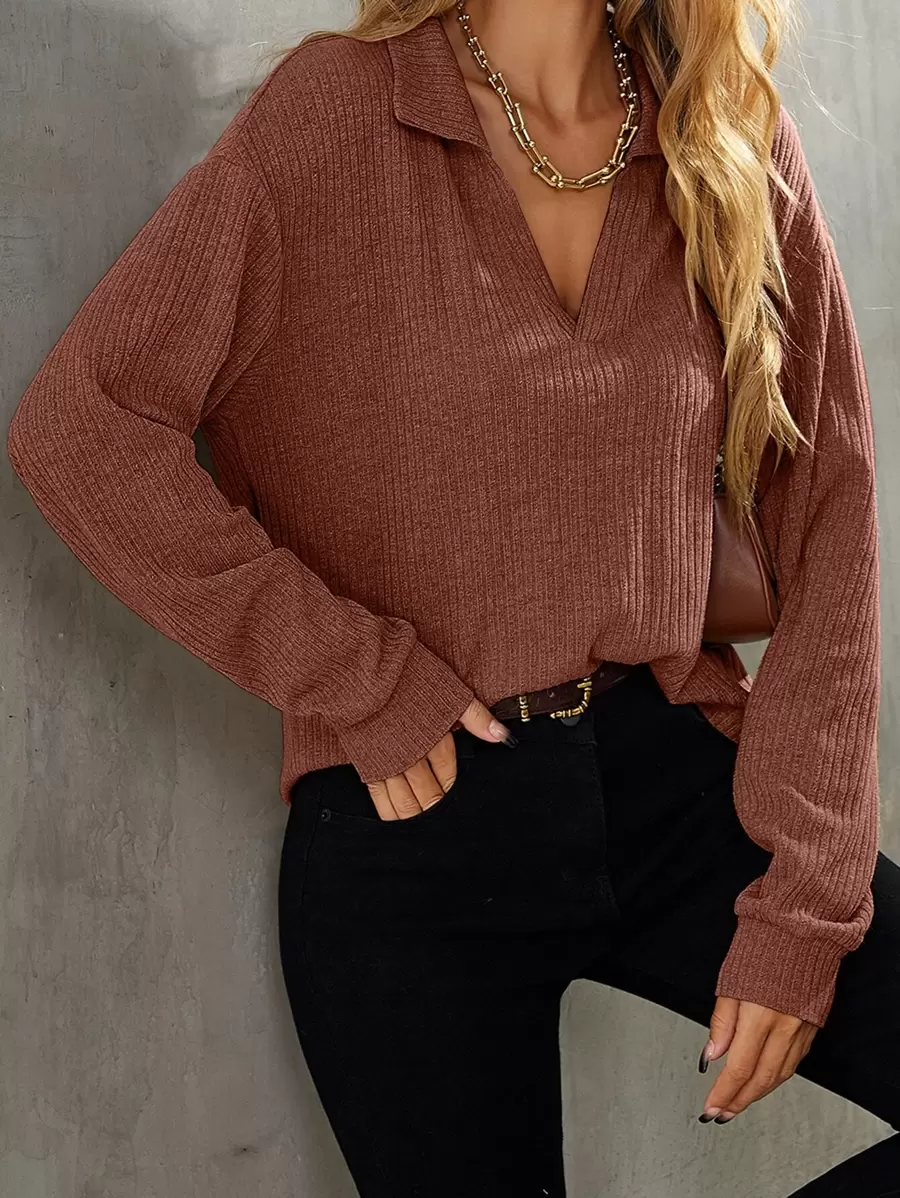SHEIN LUNE Drop Shoulder Rib-knit Tee - Rust Brown - View 1
