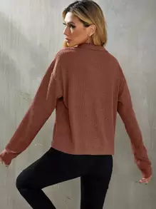 SHEIN LUNE Drop Shoulder Rib-knit Tee - Rust Brown - View 2