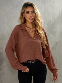 SHEIN LUNE Drop Shoulder Rib-knit Tee - Rust Brown - View 3
