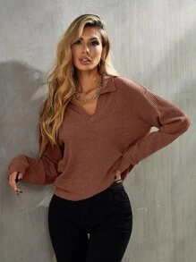 SHEIN LUNE Drop Shoulder Rib-knit Tee - Rust Brown - View 4