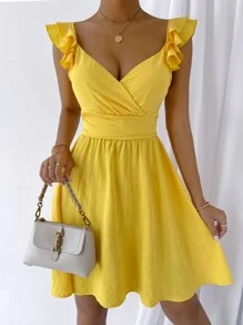 Ruffle Trim Surplice Neck Tie Back Dress - Yellow - View 1