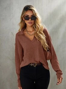 SHEIN LUNE Drop Shoulder Rib-knit Tee - Rust Brown - View 5