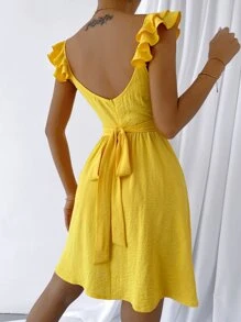 Ruffle Trim Surplice Neck Tie Back Dress - Yellow - View 2
