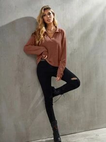 SHEIN LUNE Drop Shoulder Rib-knit Tee - Rust Brown - View 6