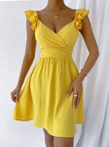 Ruffle Trim Surplice Neck Tie Back Dress - Yellow - View 6