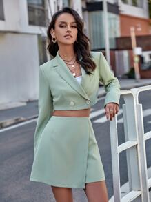 雙排釦短版西裝和圍裹下擺半身裙 - 薄荷綠 - 查看 1