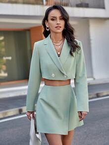 雙排釦短版西裝和圍裹下擺半身裙 - 薄荷綠 - 查看 4