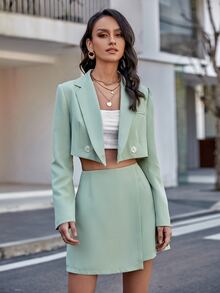 雙排釦短版西裝和圍裹下擺半身裙 - 薄荷綠 - 查看 5