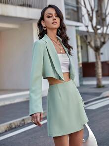 雙排釦短版西裝和圍裹下擺半身裙 - 薄荷綠 - 查看 6