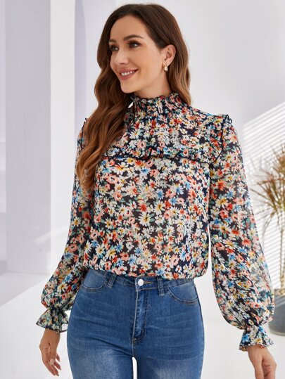 SHEIN 花柄プリント シール ネック ランタンスリーブ トップス