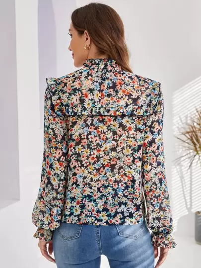 SHEIN 花柄プリント シール ネック ランタンスリーブ トップス