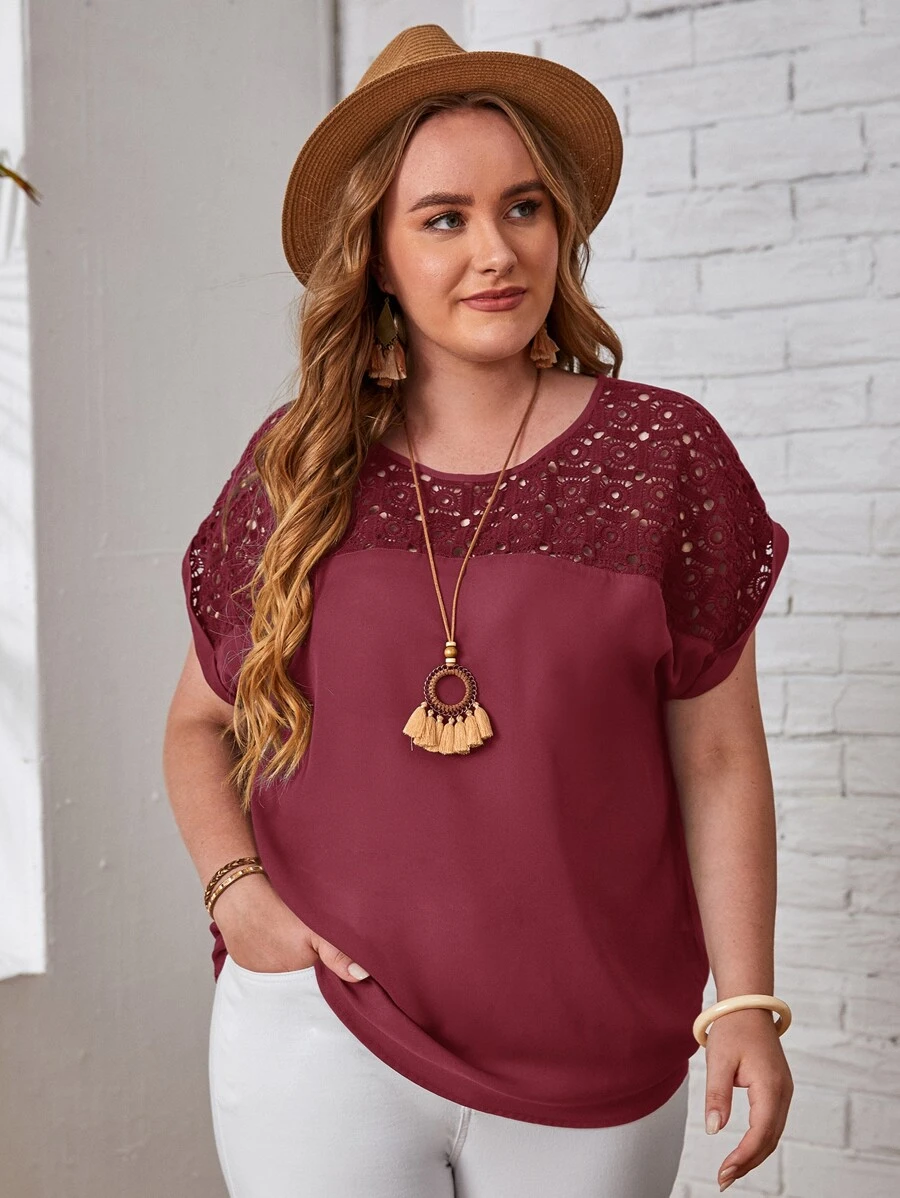 EMERY ROSE Plus Guipure Lace Yoke Cuffed Sleeve Top - Maroon - View 1