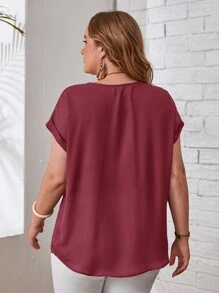 EMERY ROSE Plus Guipure Lace Yoke Cuffed Sleeve Top - Maroon - View 2