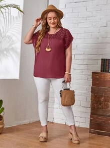 EMERY ROSE Plus Guipure Lace Yoke Cuffed Sleeve Top - Maroon - View 3